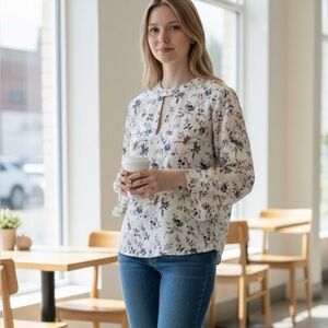 Re:named Blue Ruched Notched Collar Blouse size S